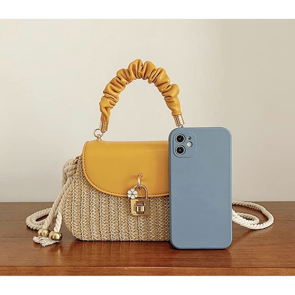 Straw Crossbody Bag Hand Woven Shoulder Bag Leather Top Handle >:( - Picture 5 of 8